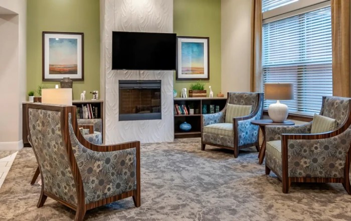 A cozy living room with a modern fireplace and stylish armchairs.
