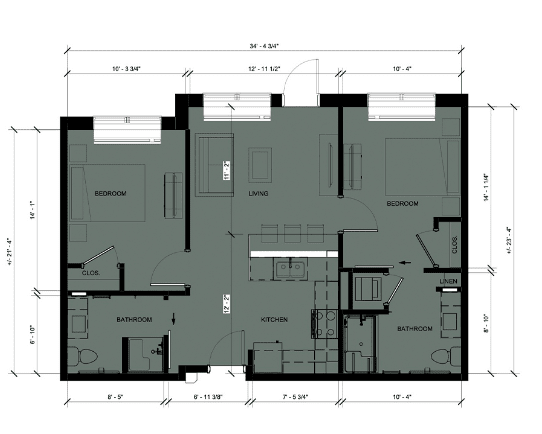 This image depicts a floor plan of a building with labeled dimensions and room layouts.
