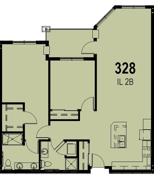 A detailed floor plan of an apartment unit labeled as 328, showcasing the layout and room dimensions.