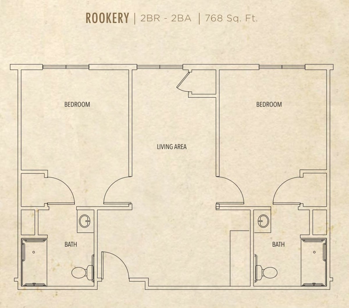 A floor plan layout showing two bedrooms, a central living area, and bathrooms.