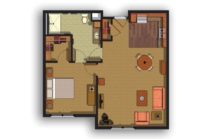 A one-bedroom apartment floor plan showcasing a layout with a living room, kitchen, bathroom, and bedroom.