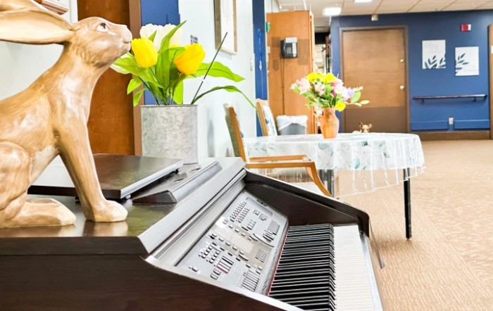 A cozy room with a piano adorned by a cat figurine and vibrant flower arrangements.