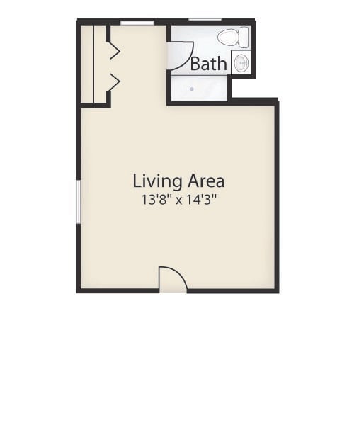 A compact floor plan showing a living area and a bathroom.