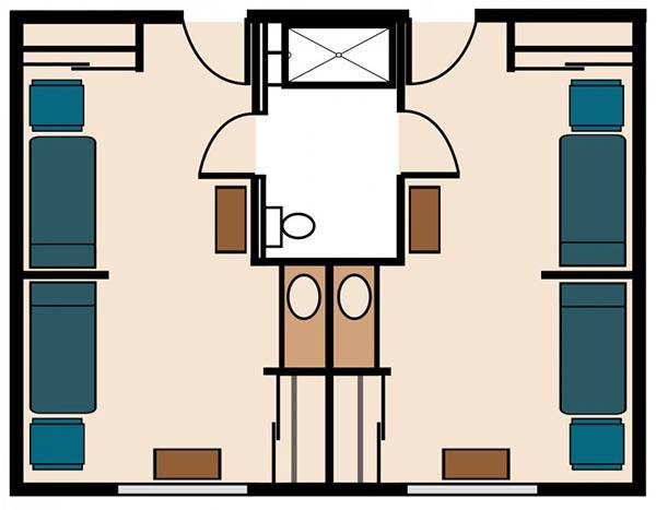 A floor plan depicting a cabin layout with two separate rooms and a shared bathroom.