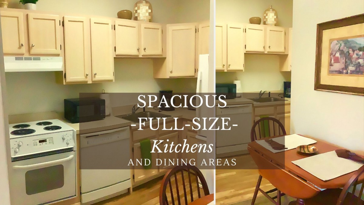 A spacious full-size kitchen and dining area with light cabinetry.