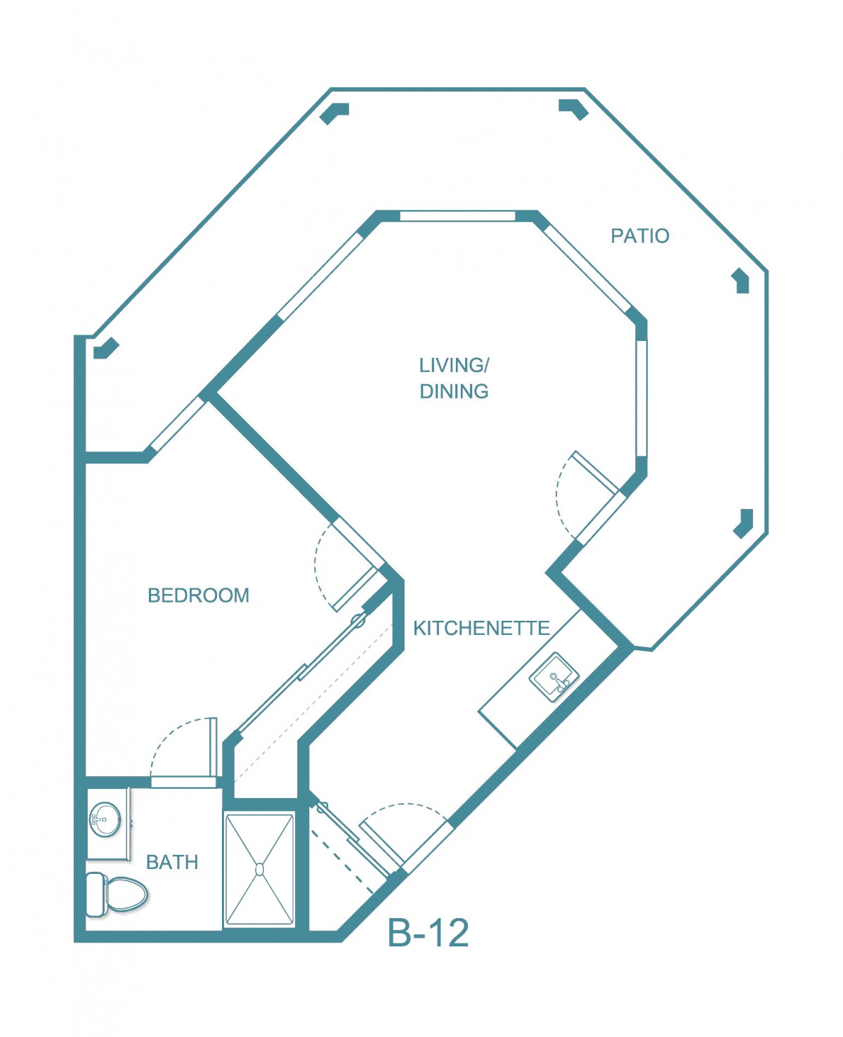 An architectural floor plan featuring a living space, bedroom, bath, and kitchenette.