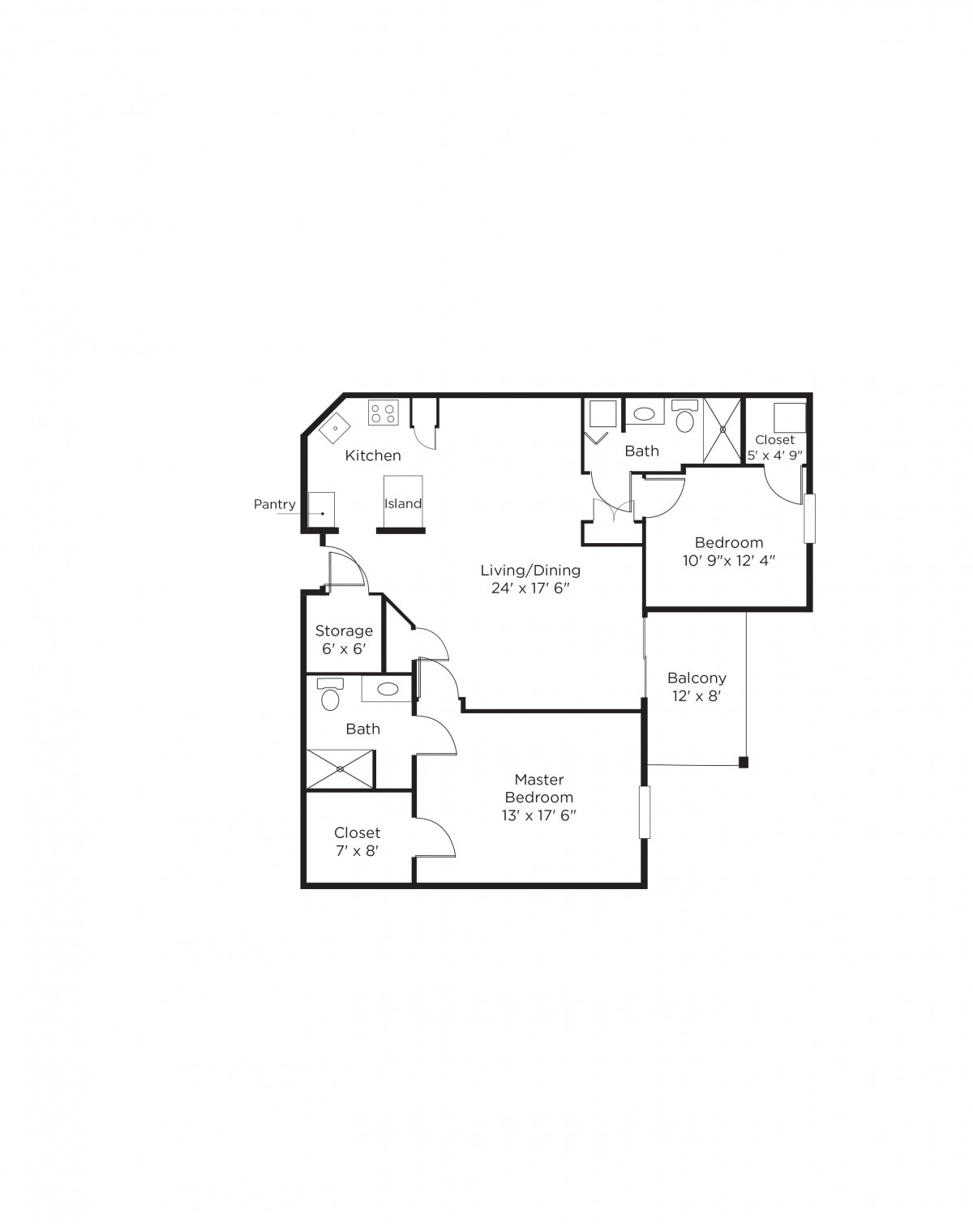 A floor plan of a two-bedroom apartment with labeled areas including living room, kitchen, and bathroom.