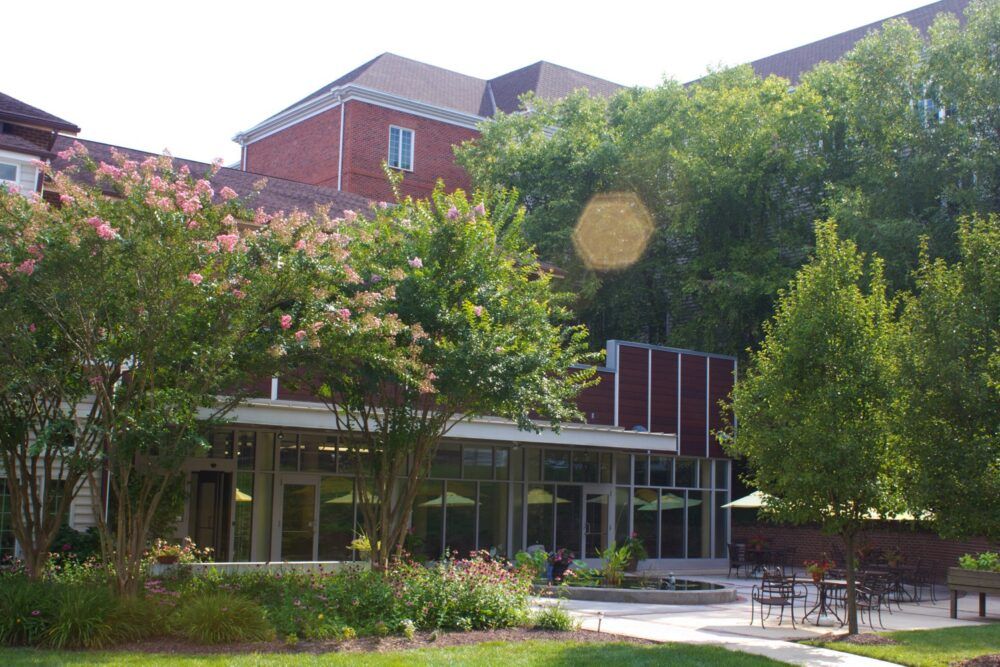 A building surrounded by trees and greenery with sunlight filtering through.