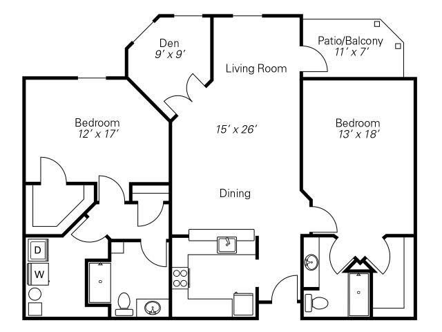 A floor plan of a two-bedroom apartment with designated areas for the living room, dining, kitchen, bathrooms, and patio/balcony.