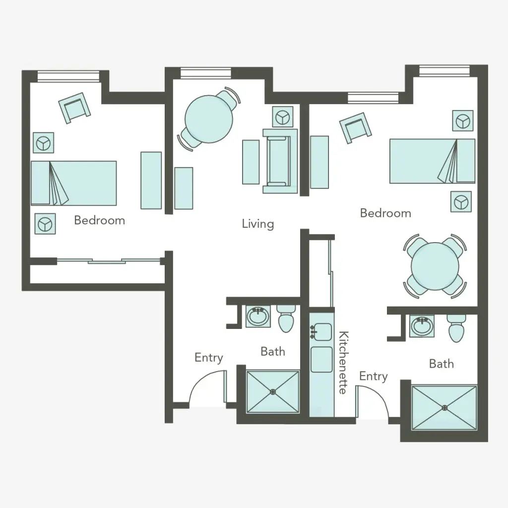 A floor plan of a two-bedroom apartment with living, dining, and bath areas.