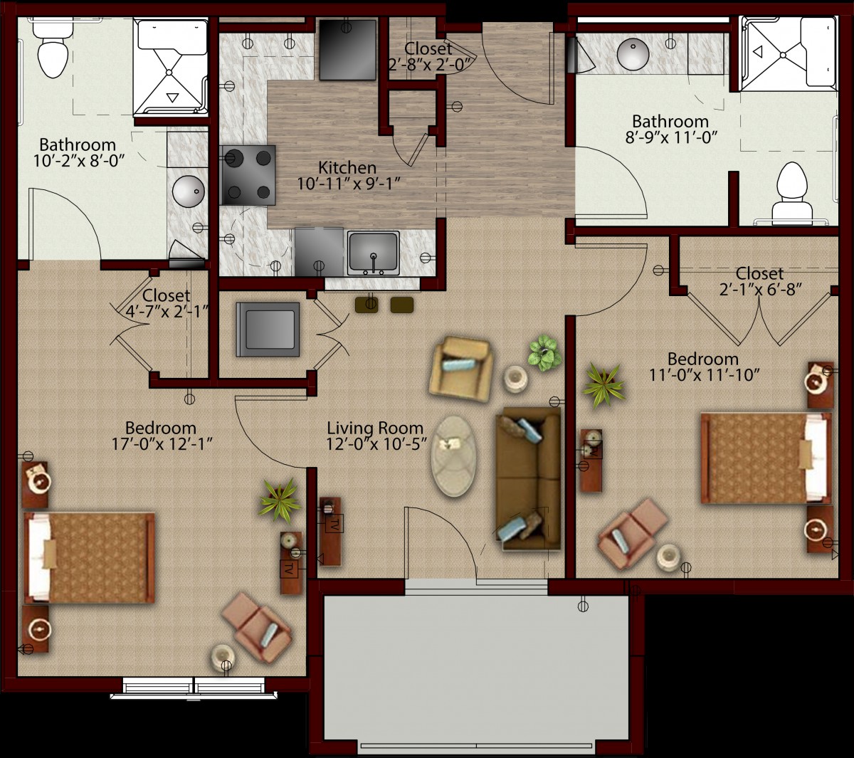 A detailed floor plan of a two-bedroom apartment featuring a living room, kitchen, and two bathrooms.