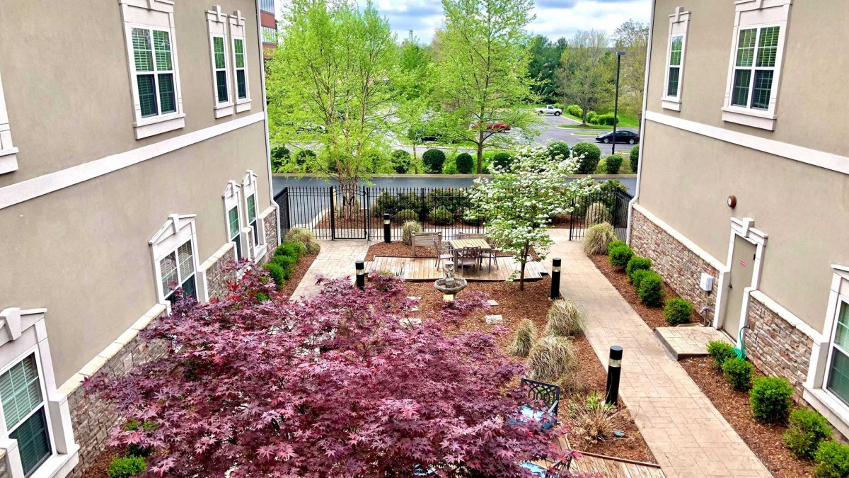 A well-maintained courtyard with blooming trees and outdoor seating between two buildings.