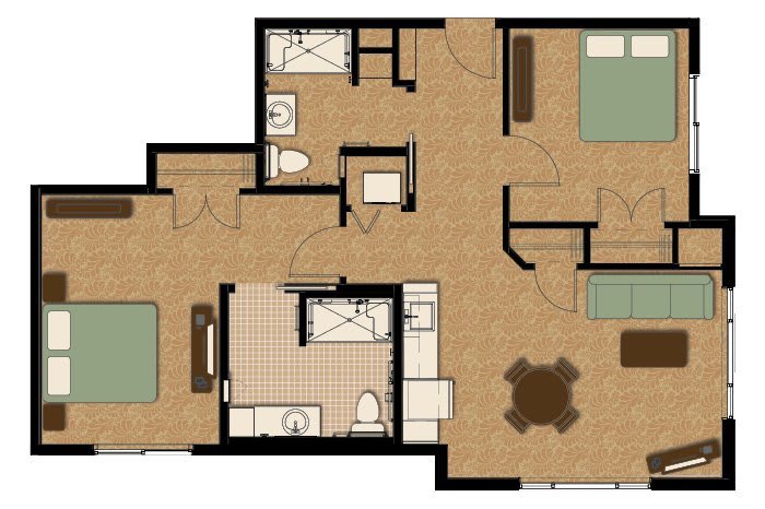 A floor plan of a two-bedroom apartment with bathrooms, kitchen, and living area.
