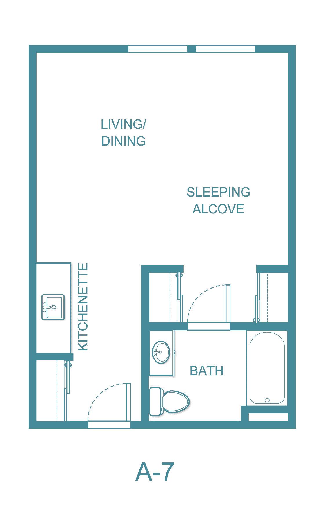 Studio apartment floor plan featuring a living/dining area, kitchenette, sleeping alcove, and bathroom.