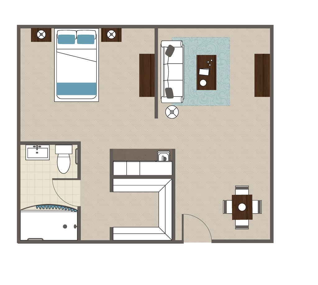 A simple one-bedroom apartment floor plan with a living room, kitchen, and bathroom.
