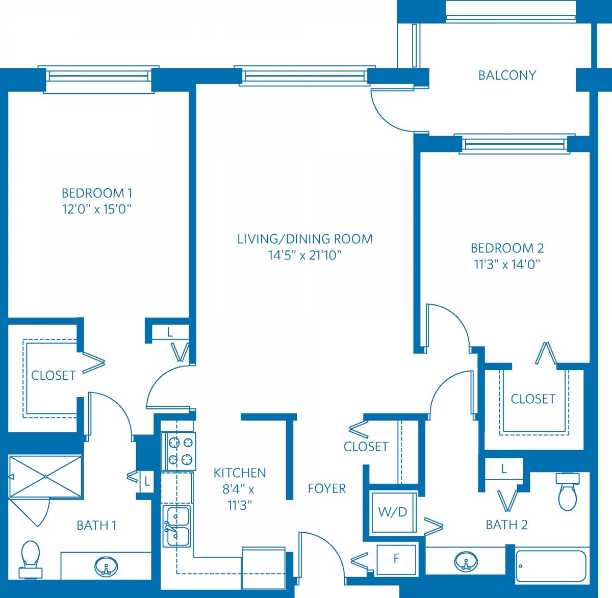 A detailed floor plan of a two-bedroom apartment with labeled rooms and areas.