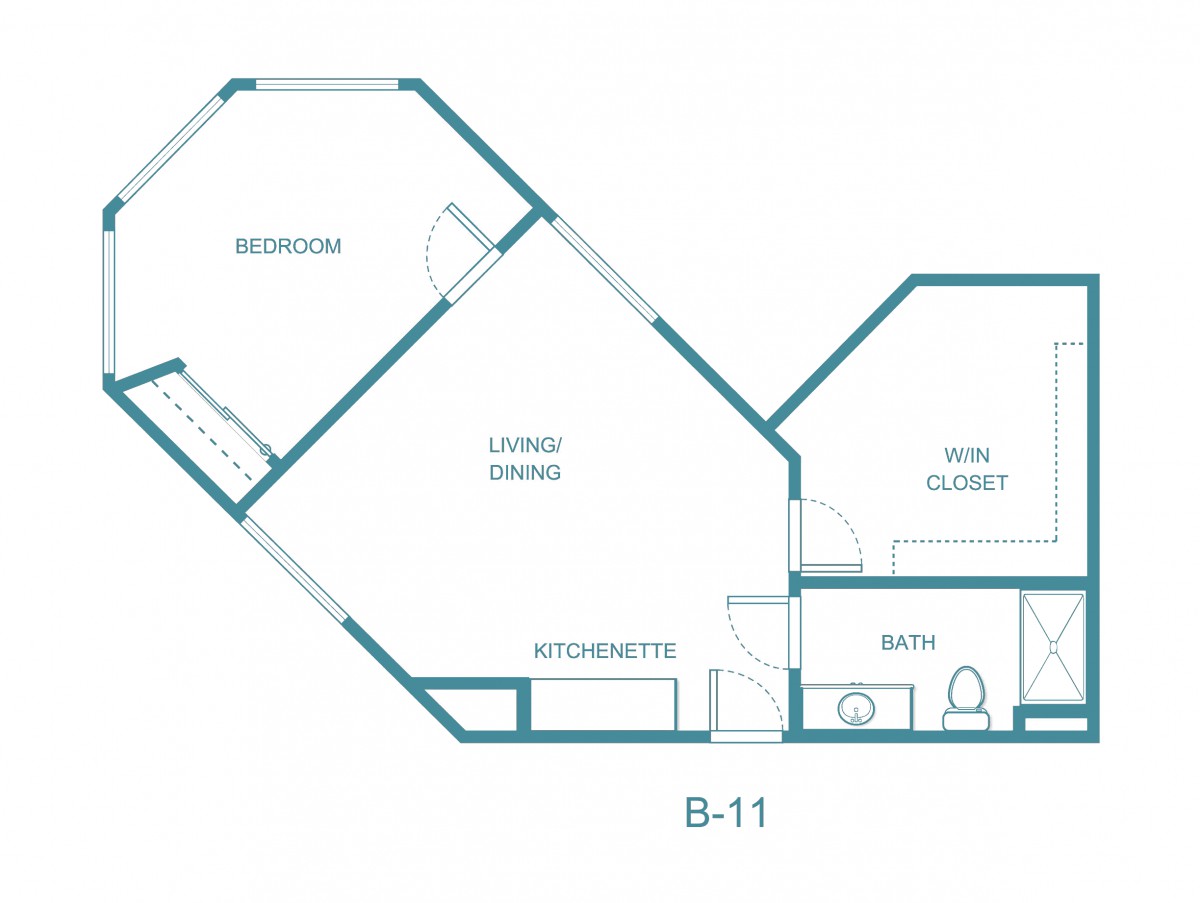 Architectural floor plan showcasing a one-bedroom apartment layout with kitchen and living areas.