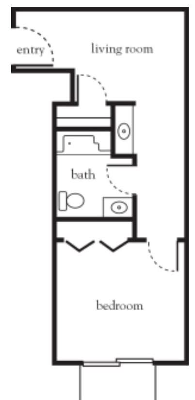 A floor plan depicting a bathroom layout with fixtures and room design.