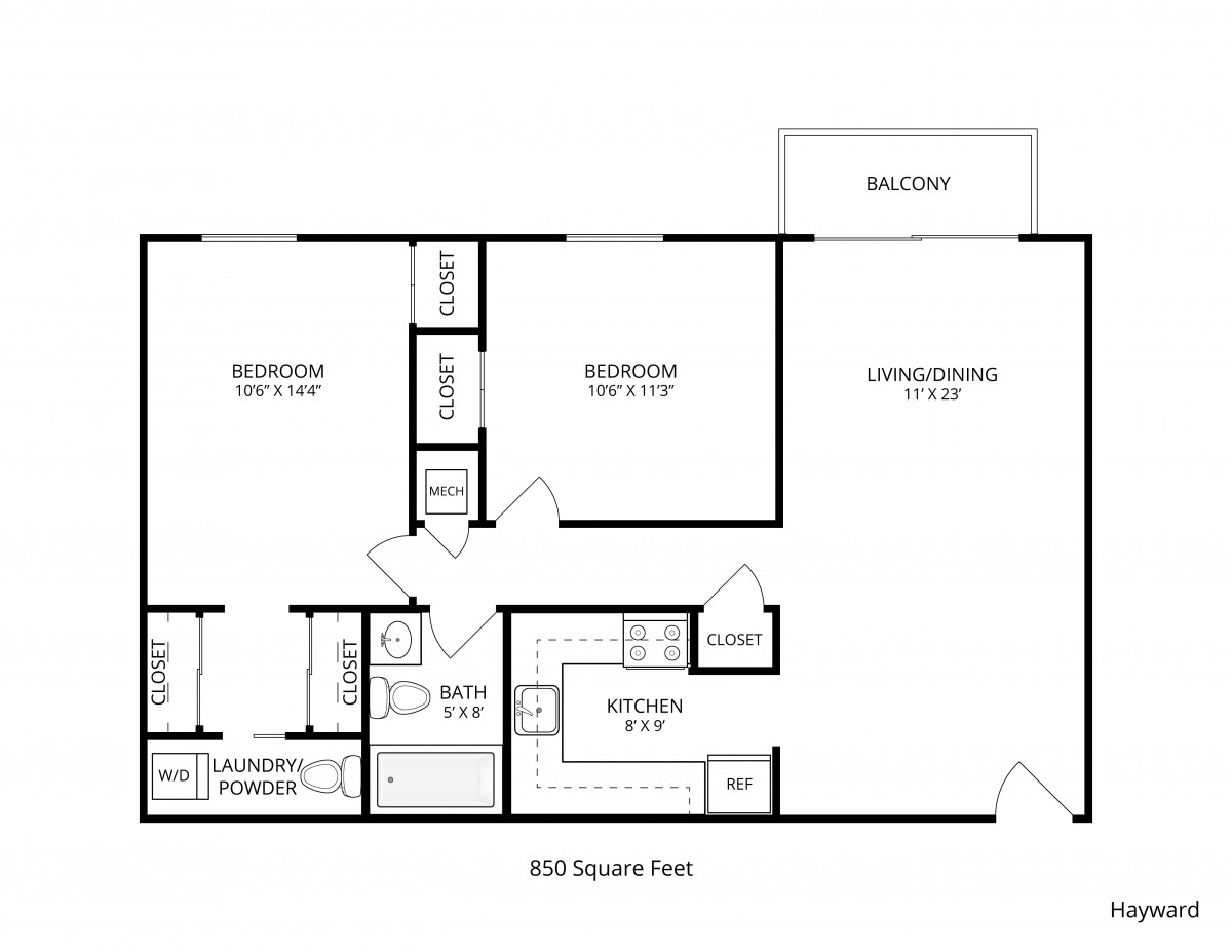 A floor plan of an apartment with two bedrooms, a living room, kitchen, bathroom, and a balcony.