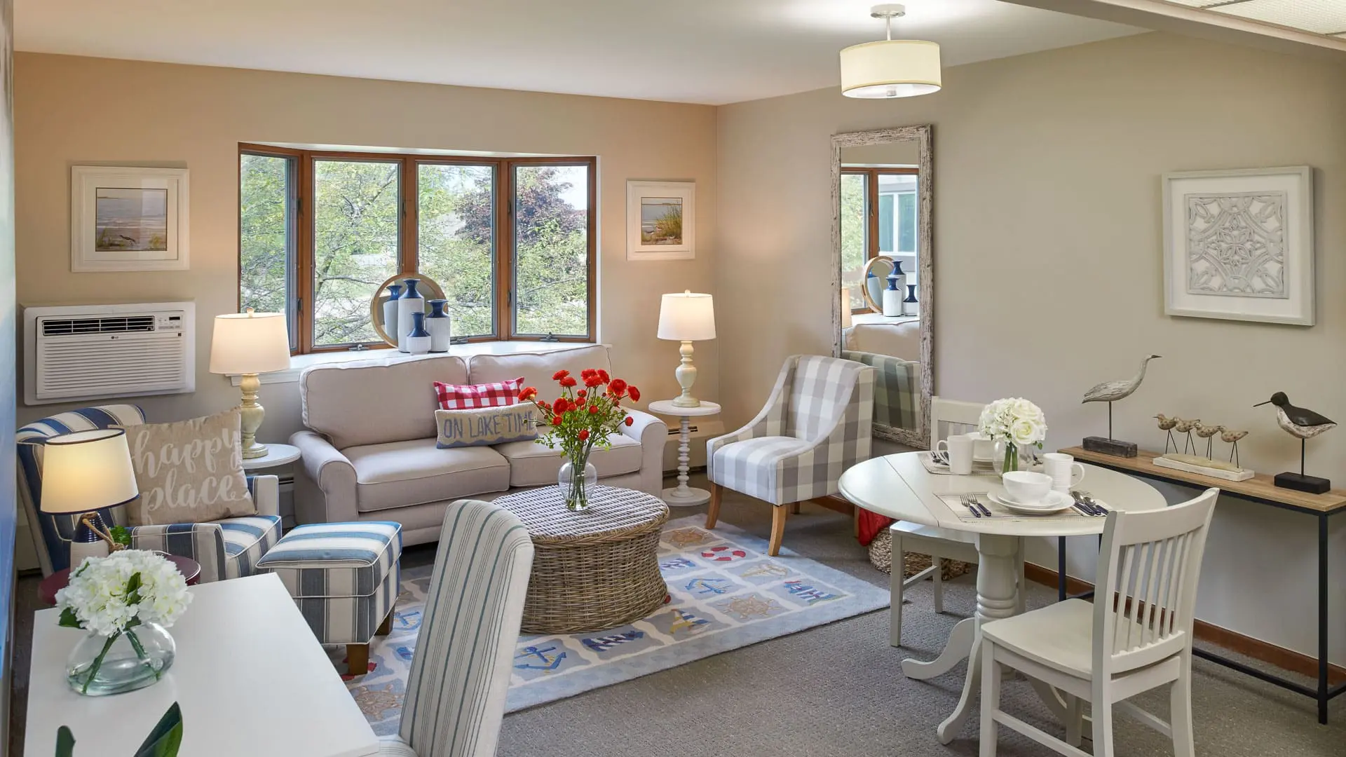 A cozy living room with elegant furniture and stylish decor.