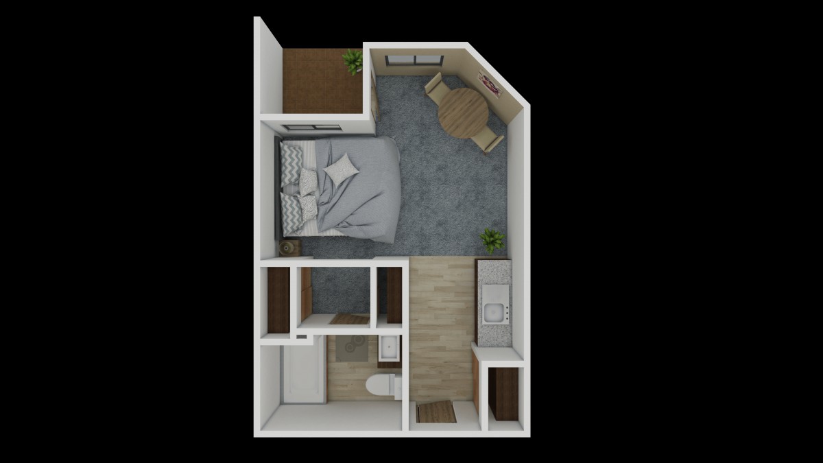 A 3D rendered floor plan of a small apartment featuring a bedroom, bathroom, and kitchenette.