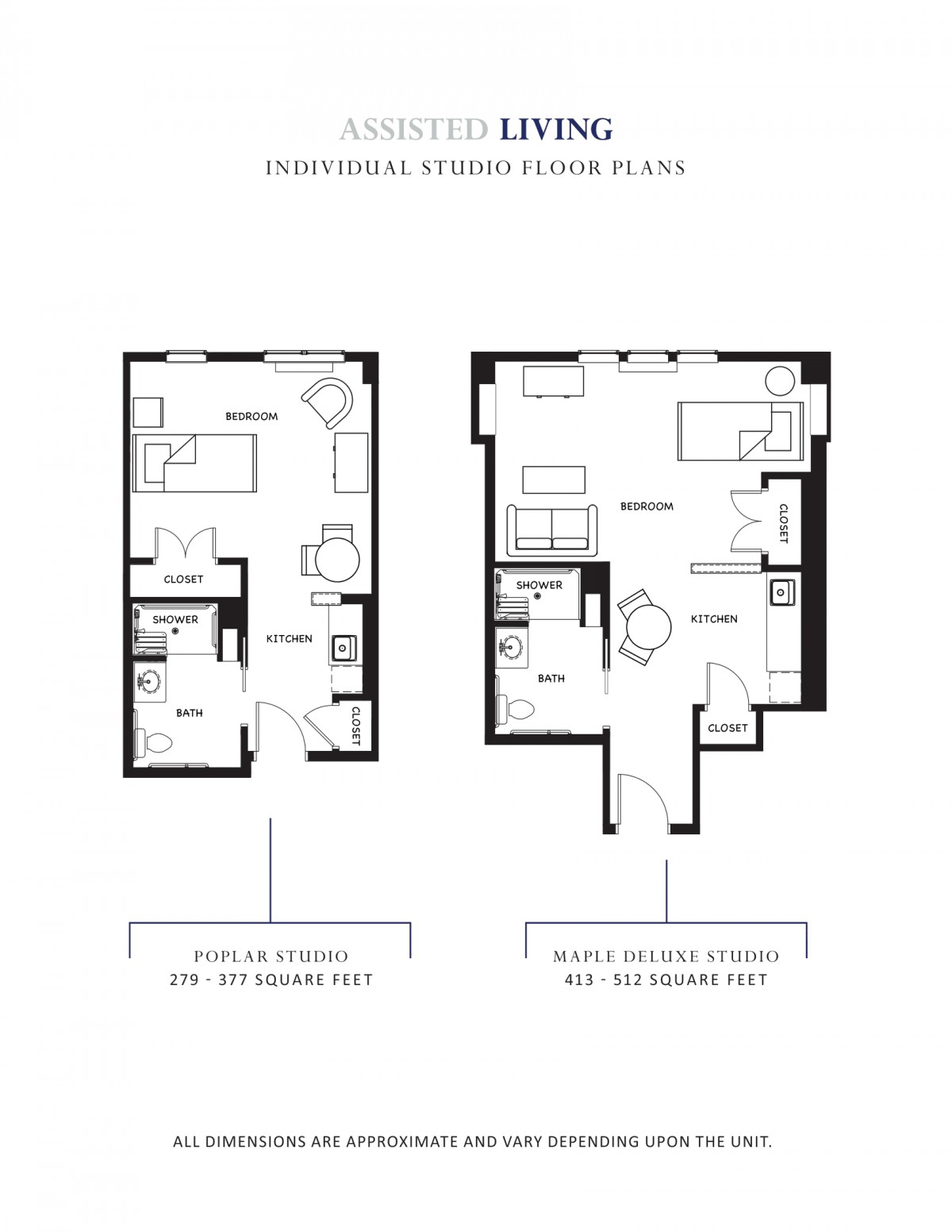 Floor plans of individual studio apartments with detailed layouts.