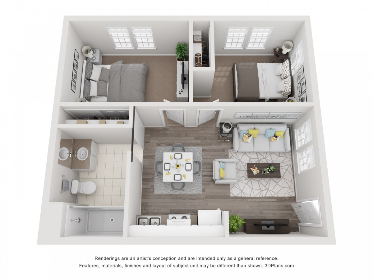 A top-down view of a modern 2-bedroom apartment floor plan, featuring a living room, kitchen, and two bathrooms.
