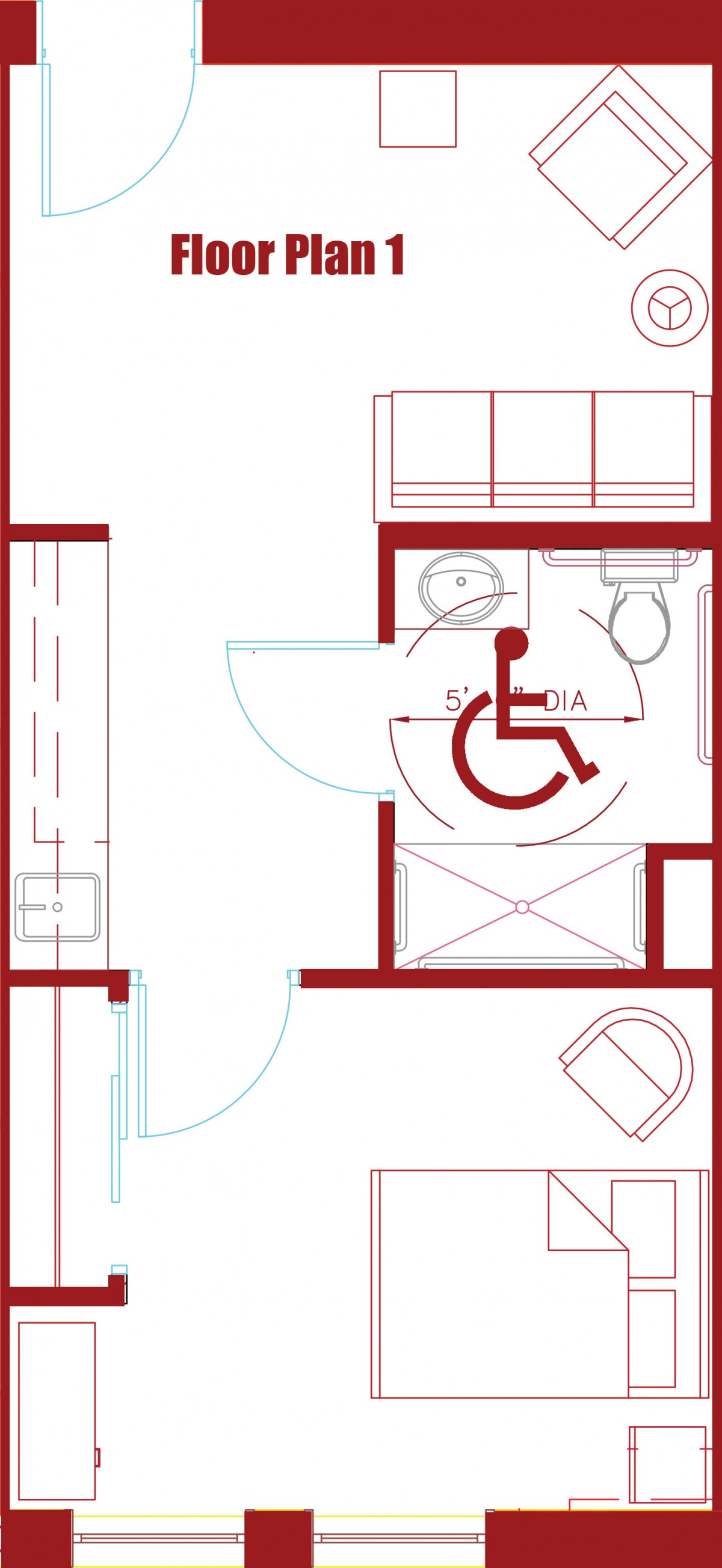 A floor plan of an accessible bathroom with a designated wheelchair area.