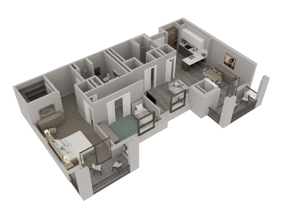 A 3D floor plan of a modern apartment, showcasing its interior layout and design.