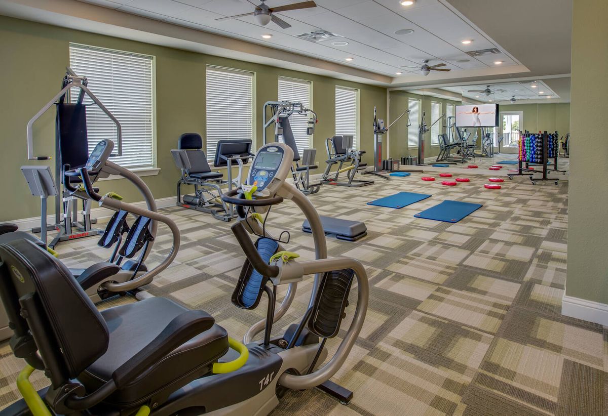 A modern gym equipped with various cardio machines and exercise areas.
