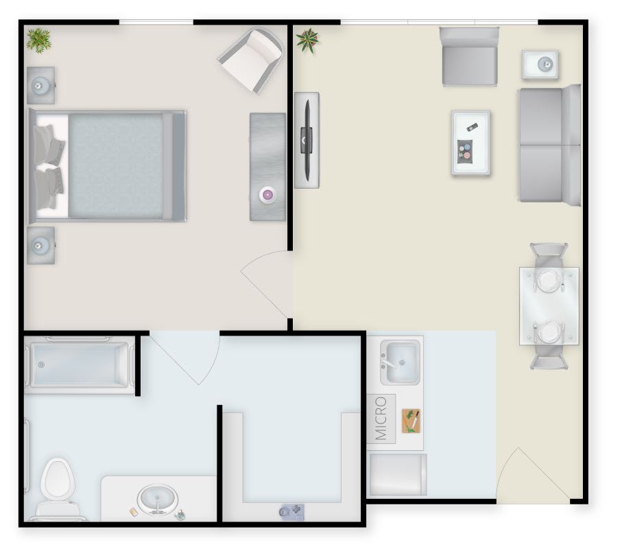 A floor plan of an apartment showing a bedroom, bathroom, kitchen, and living area.