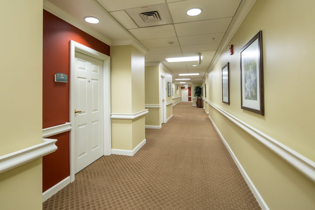 A well-lit hallway in a building, featuring carpeted flooring, doors on both sides, and framed artwork on the walls.