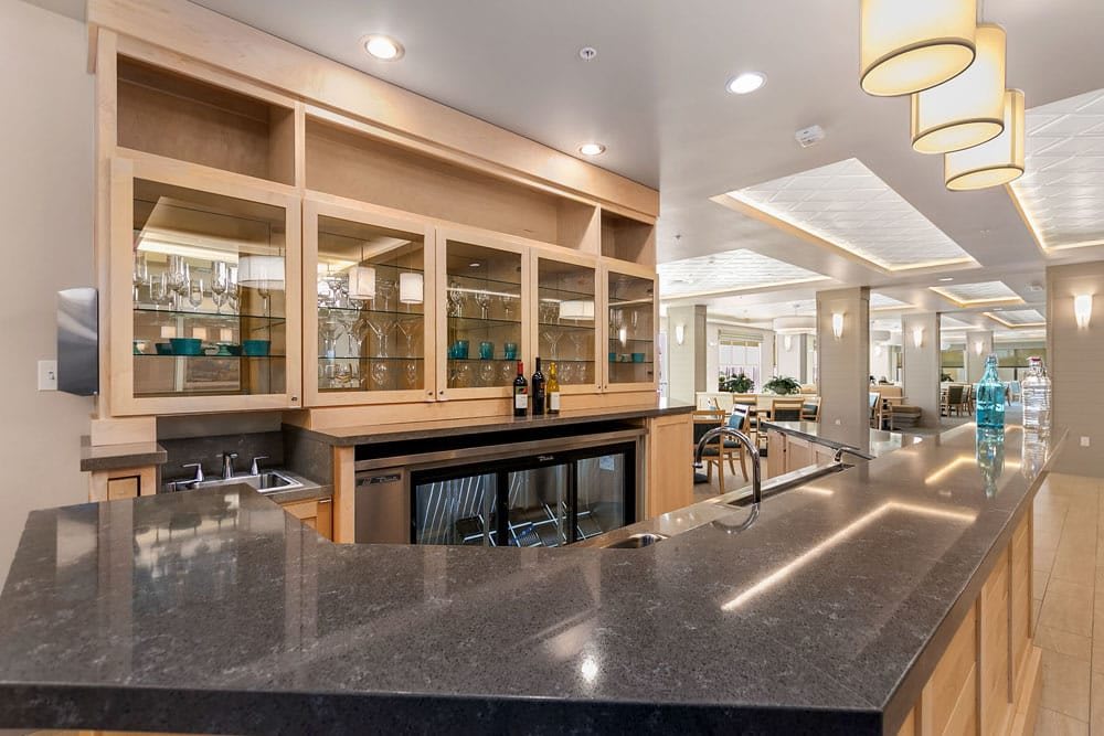 Modern luxury bar interior with sleek design and elegant lighting.