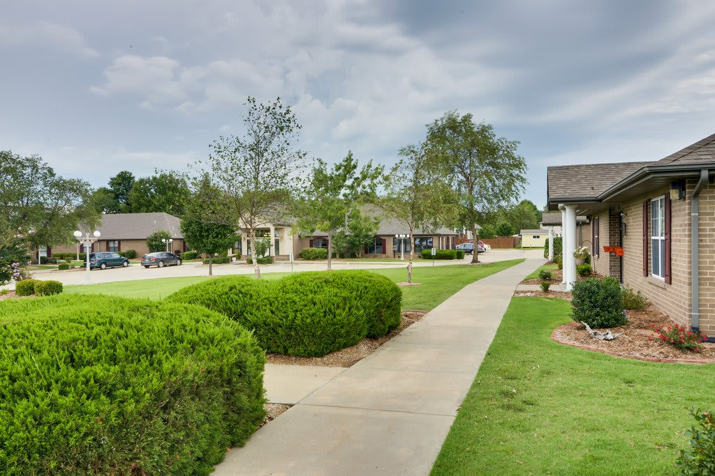 A suburban neighborhood with a well-maintained pathway and lush greenery.