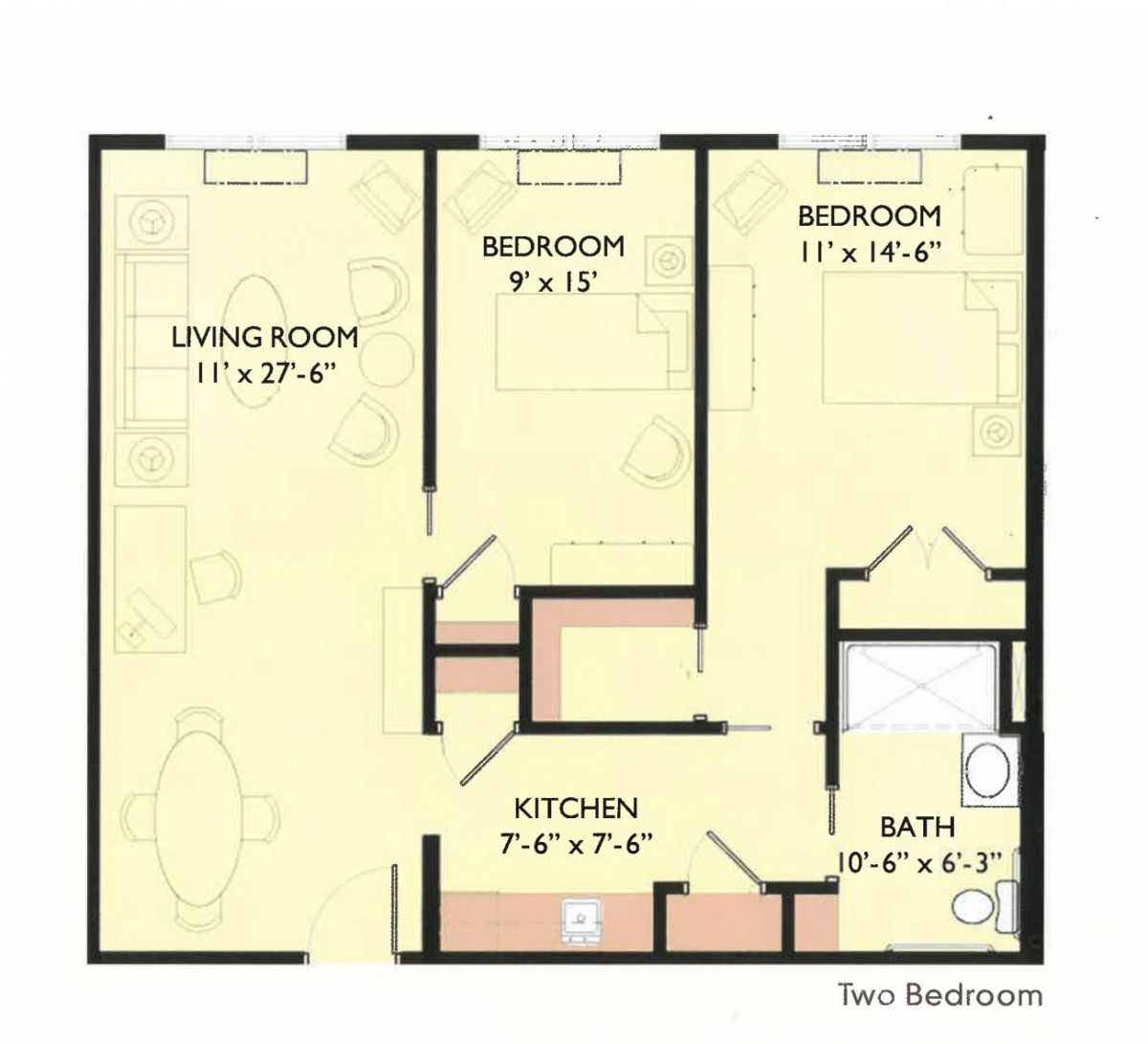 A floor plan depicting a two-bedroom apartment with dimensions for each room.