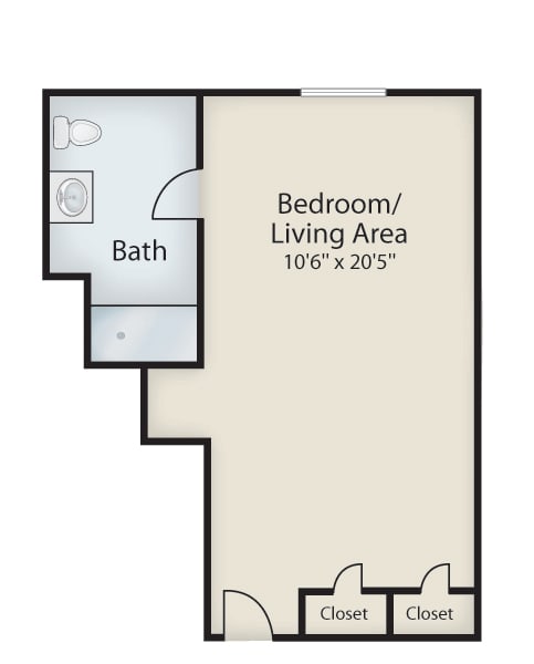 Studio apartment floor plan with combined bedroom and living area, and separate bathroom.