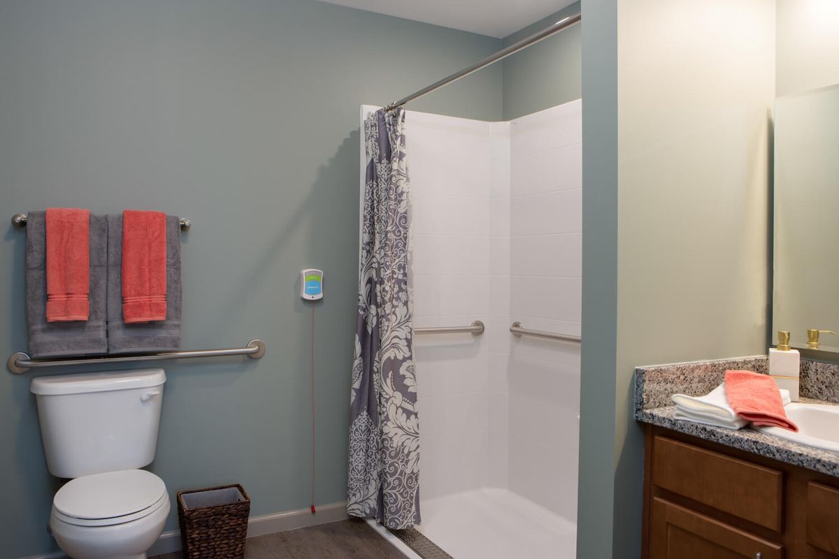 A modern bathroom with a walk-in shower featuring grab bars, a toilet, and a sink.
