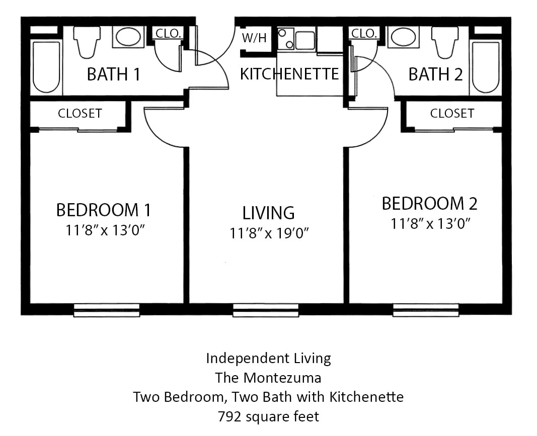 Floor plan of a two-bedroom, two-bath independent living space with kitchenette.