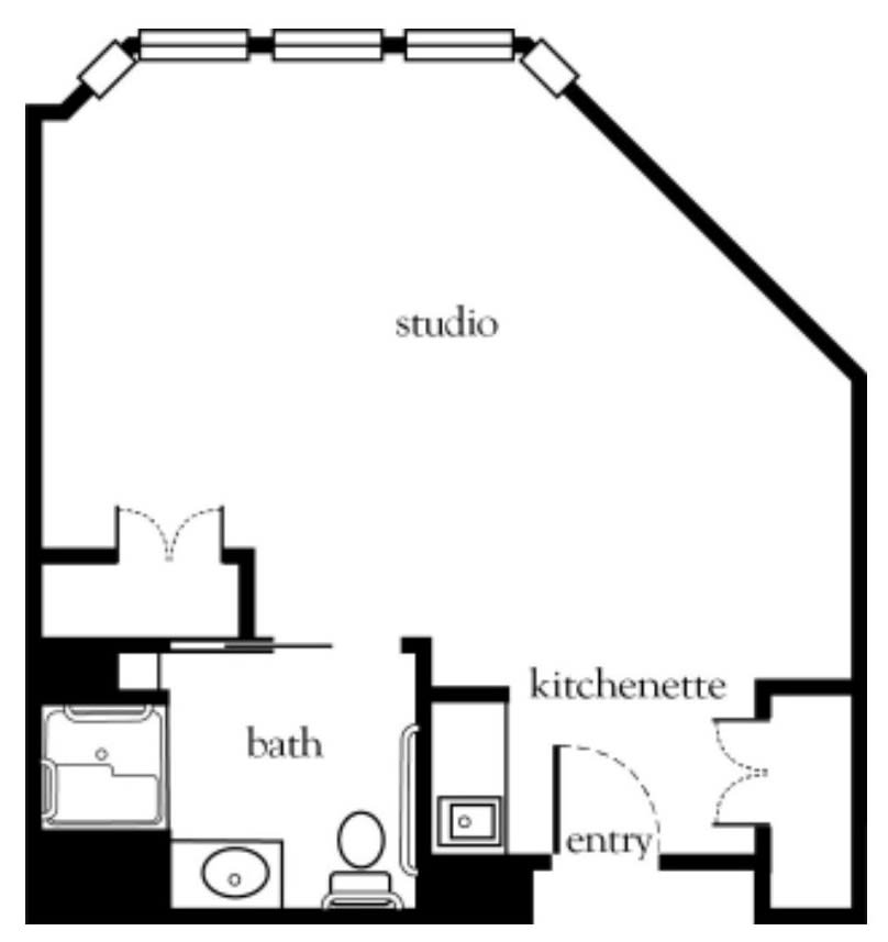A floor plan of a studio apartment featuring a kitchenette, bathroom, and main living area.