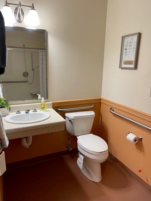 A clean and functional bathroom with a sink, toilet, and handrail.