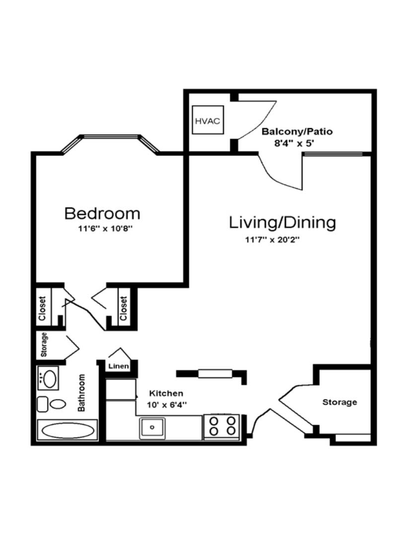 This is a floor plan of a one-bedroom apartment featuring a combined living and dining area, kitchen, bathroom, bedroom, balcony/patio, and storage space.