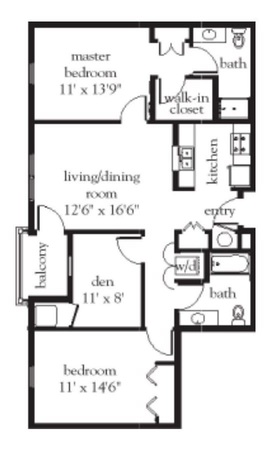 A floor plan of an apartment featuring a bedroom, living/dining area, den, kitchen, and bathroom.