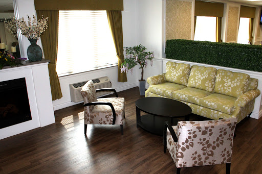 A cozy living room setup featuring a patterned sofa, decorative chairs, and ample natural light.