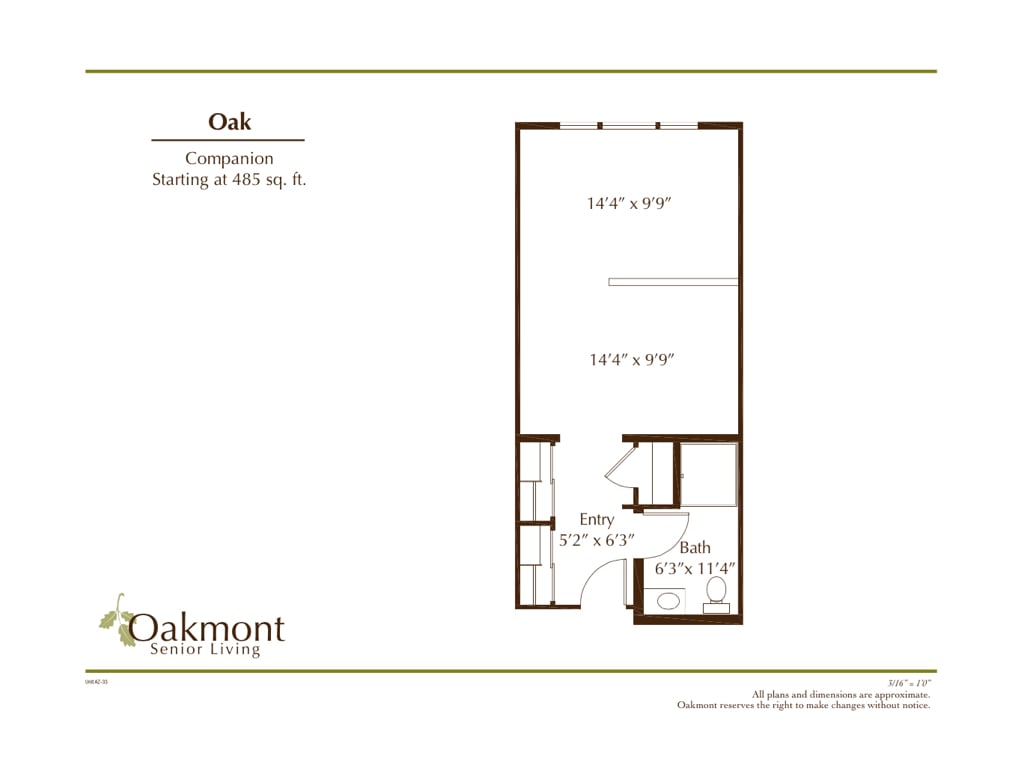 Oakmont apartment floor plan for a unit labeled as 'Oak' with a total area of 480 sq ft.