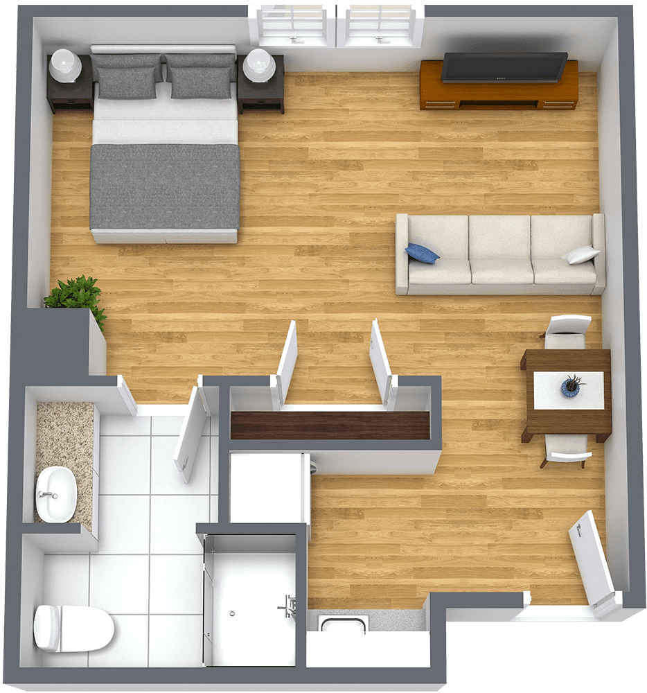 This image shows a floor plan of a one-bedroom apartment, featuring a bedroom, living room, kitchen, and bathroom.