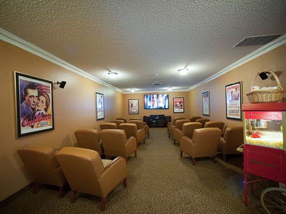 A cozy home theater setup with comfortable seating and classic movie posters on the walls.