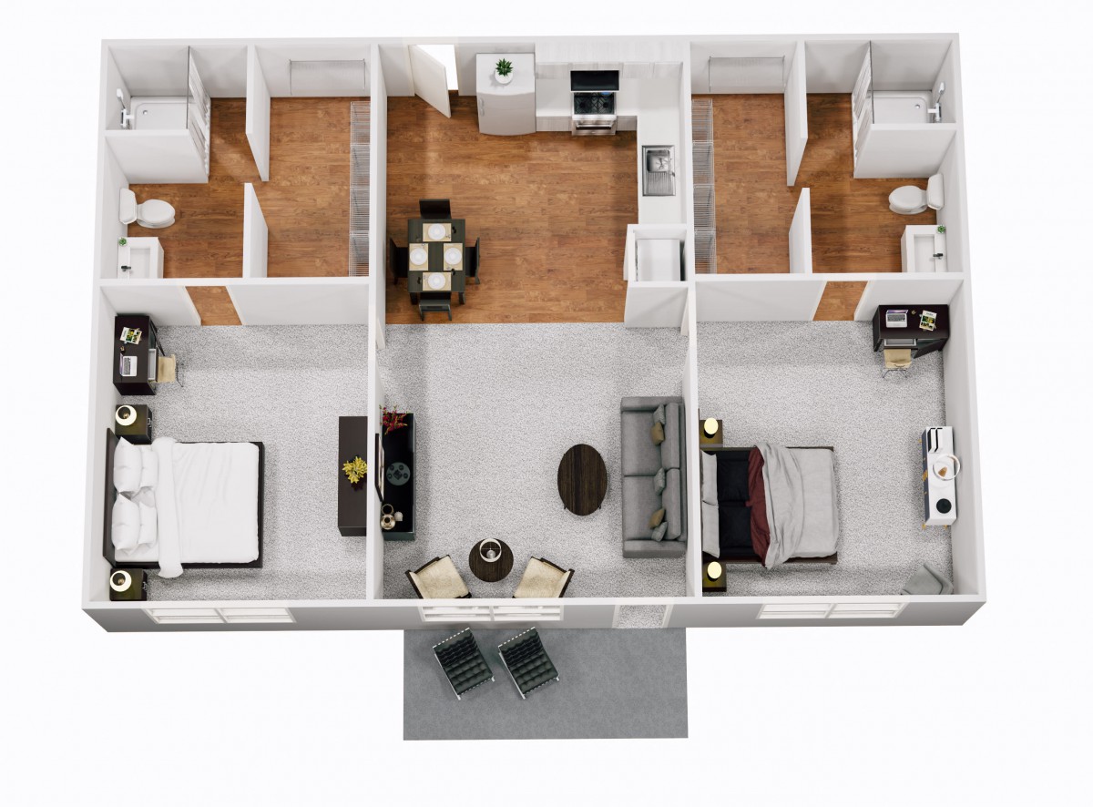 A detailed floor plan of an apartment showing the layout of rooms and furniture.