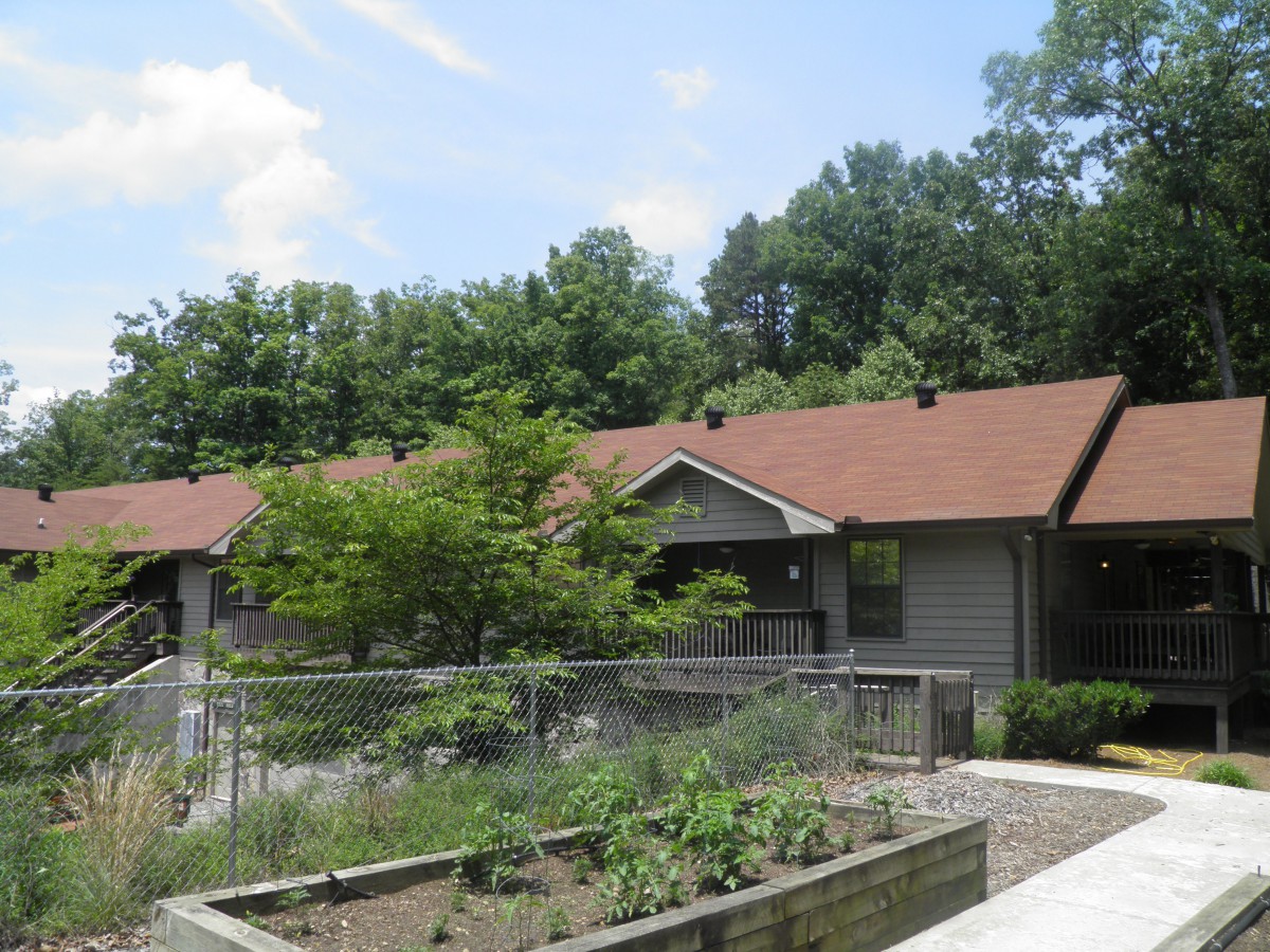 A house with a garden in front, surrounded by trees on a sunny day.