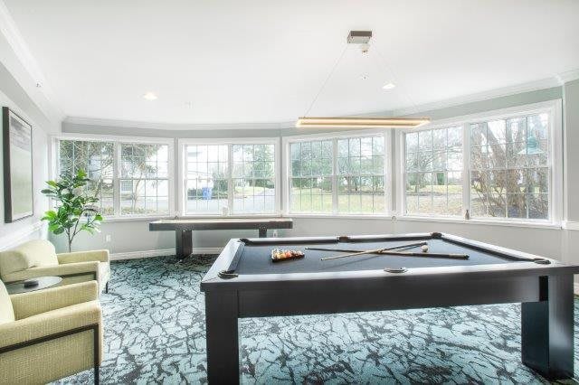 A bright and modern game room featuring a pool table with ample natural light coming through the large windows.