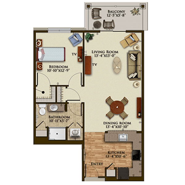 A floor plan of a one-bedroom apartment featuring a kitchen, living room, bathroom, and balcony.
